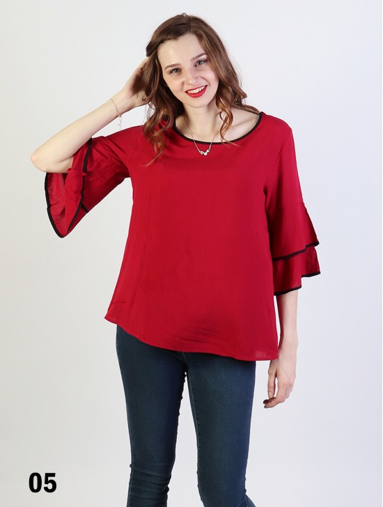 Bell Sleeve & Ring Collar Solid Blouse